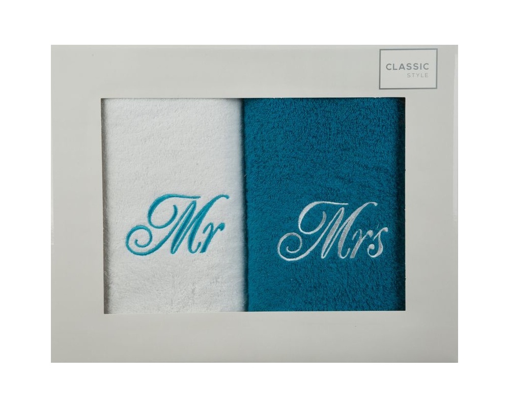 Darčekové balenie uterákov Mr & Mrs – biela, tyrkysová 50 x 90 cm
